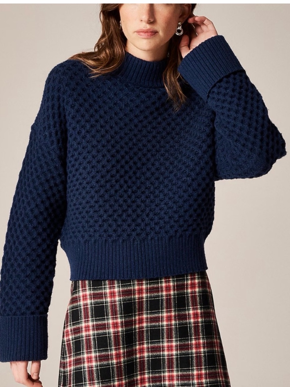 J. Crew Honeycomb Mockneck Sweater Wool Blend in Navy Blue Chunky Sz. M $148 NEW